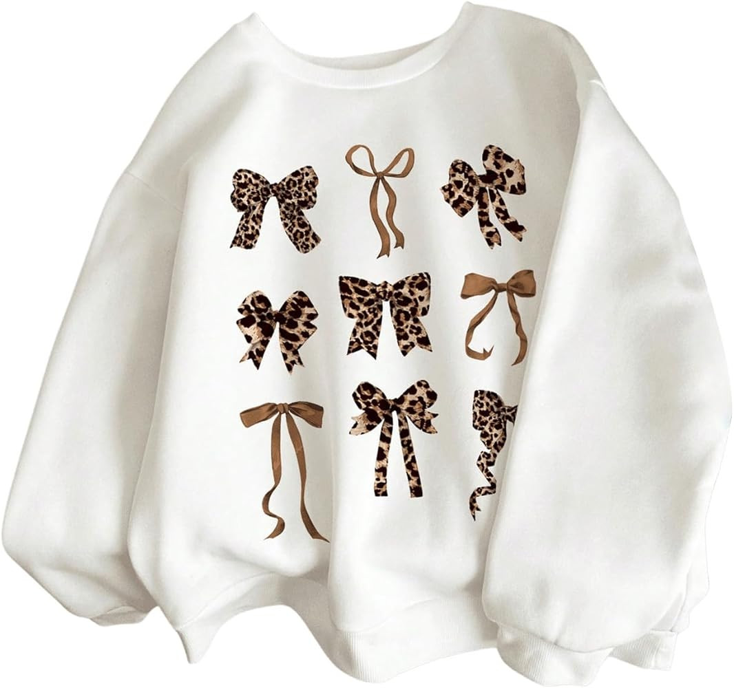 WDIRARA Girl's Leopard Bow Sweatshirt Crew Neck Long Sleeve Pullovers Graphic Top | Amazon (US)