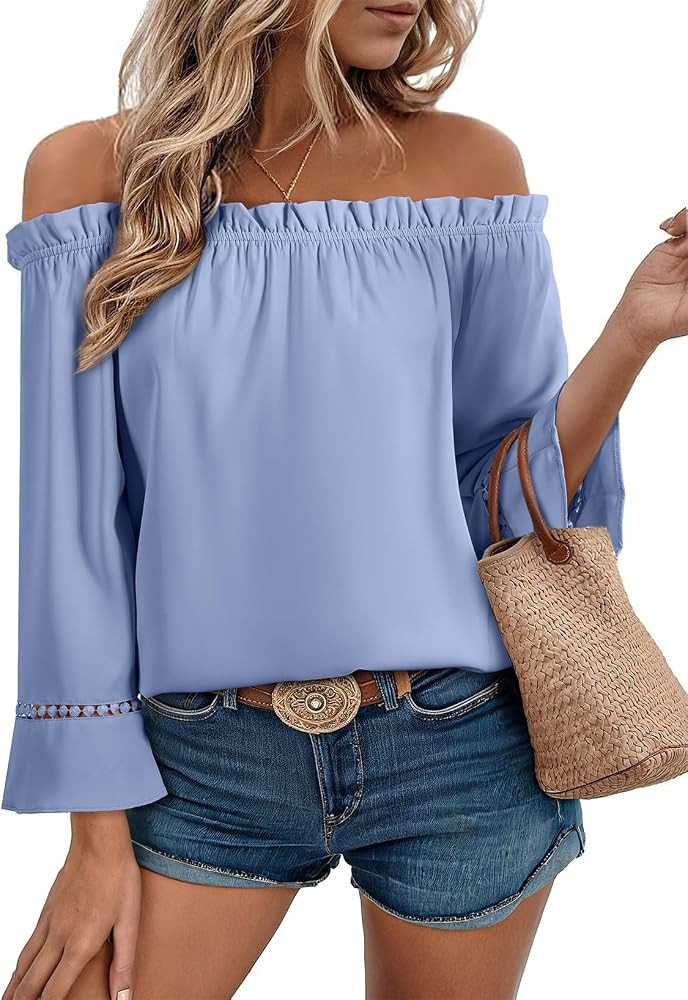 EVALESS Womens Tops Off The Shoulder Blouses for Women Dressy Casual Cute 3/4 Ruffle Sleeves T Sh... | Amazon (US)