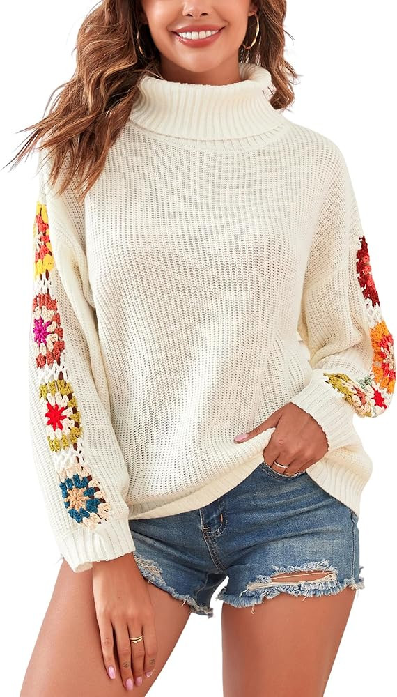 ZAFUL Flower Turtleneck Sweater for Women Crochet Regan Sleeve Sweaters Trendy Pullover Knitwear | Amazon (US)