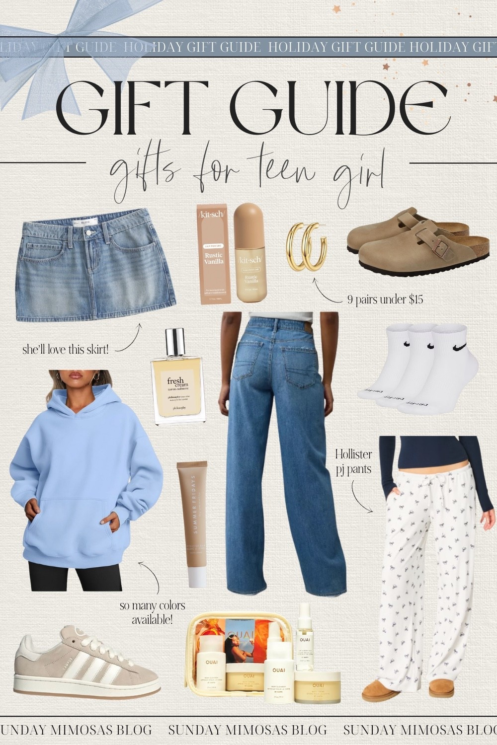 CHRISTMAS GIFT IDEAS FOR TEEN GIRL! Here are the top teen girl gifts for Christmas! 💕✨ 

Including Hollister denim skirts, baggy jeans, Hollister pajama pants, Summer Fridays lip balm, Birkenstocks clogs, Nike crew socks, gold hoop earrings, Kitsch hair mist, Adidas Campus sneakers and more!

Linking more Christmas gift ideas for teen girls  below!

All of our 2025 Christmas Gift Guides (with more details on the products) are on sundaymimosasblog.com 🎁

Teen girl gift guide, Christmas gifts for her, teen girl gift, Christmas gift guide, womens Christmas gift, Amazon Christmas gifts

#LTKFindsUnder50 #LTKGiftGuide #LTKSeasonal
