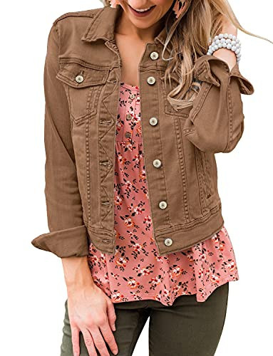 LookbookStore Brown Jacket Fall Jackets for Women 2025 Stretchy Brown Denim Jacket for Women Classic Trucker Jackets Basic Button Down Fitted Jean Jackets for Women Lightweight Size Large Size 12 14 | Amazon (US)