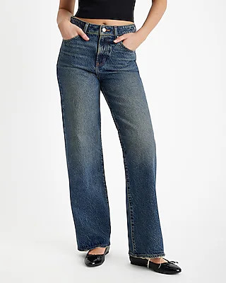 High Waisted Dark Wash 50/50 Rigid Stretch Wide Leg Jeans | Express