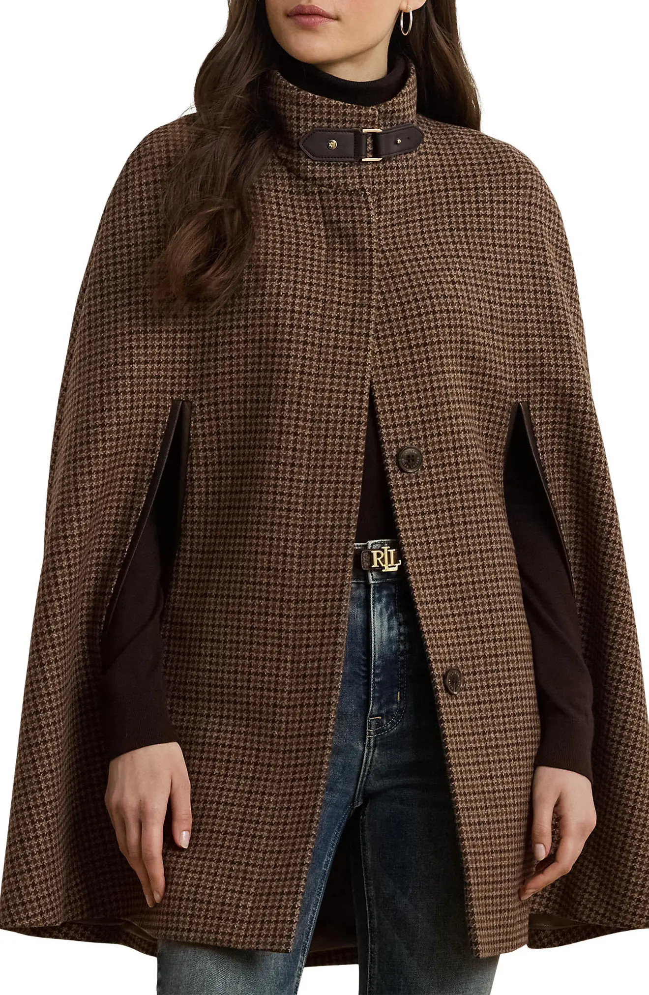 Lauren Ralph Lauren Houndstooth Wool Blend Cape in Legacy Check at Nordstrom, Size X-Large | Nordstrom