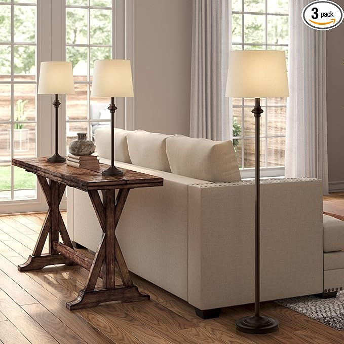 360 Lighting Carter Traditional Table 3 Piece Floor and Table Lamp Set Bronze Metal Oatmeal Drum ... | Amazon (US)