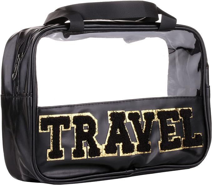 CRUOXIBB Chenille Letter Patch Clear PVC And PU leather Large Travel Makeup Toiletry Storage Bag ... | Amazon (US)