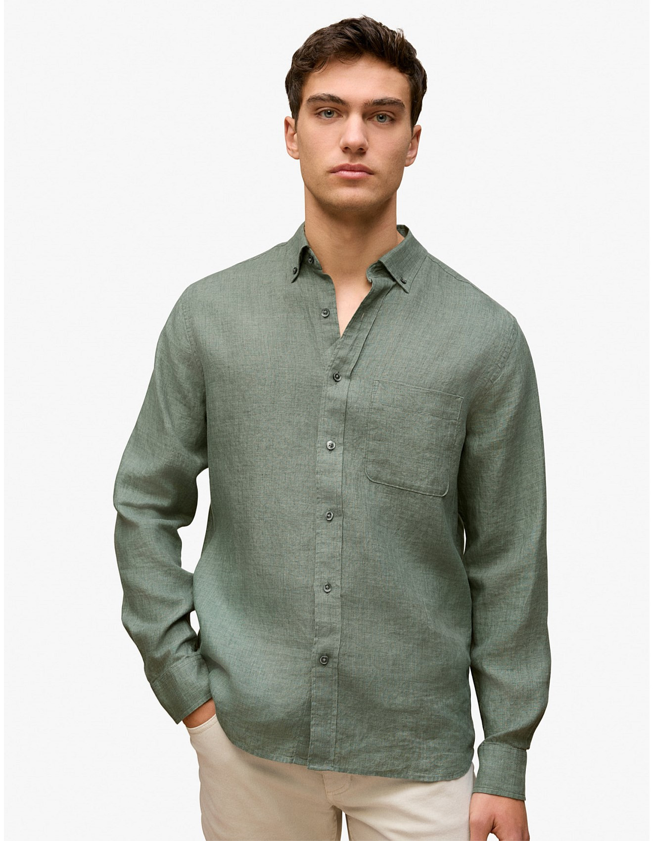 Regular Fit Delave Linen Long Sleeve Shirt | David Jones (Australia & New Zealand)