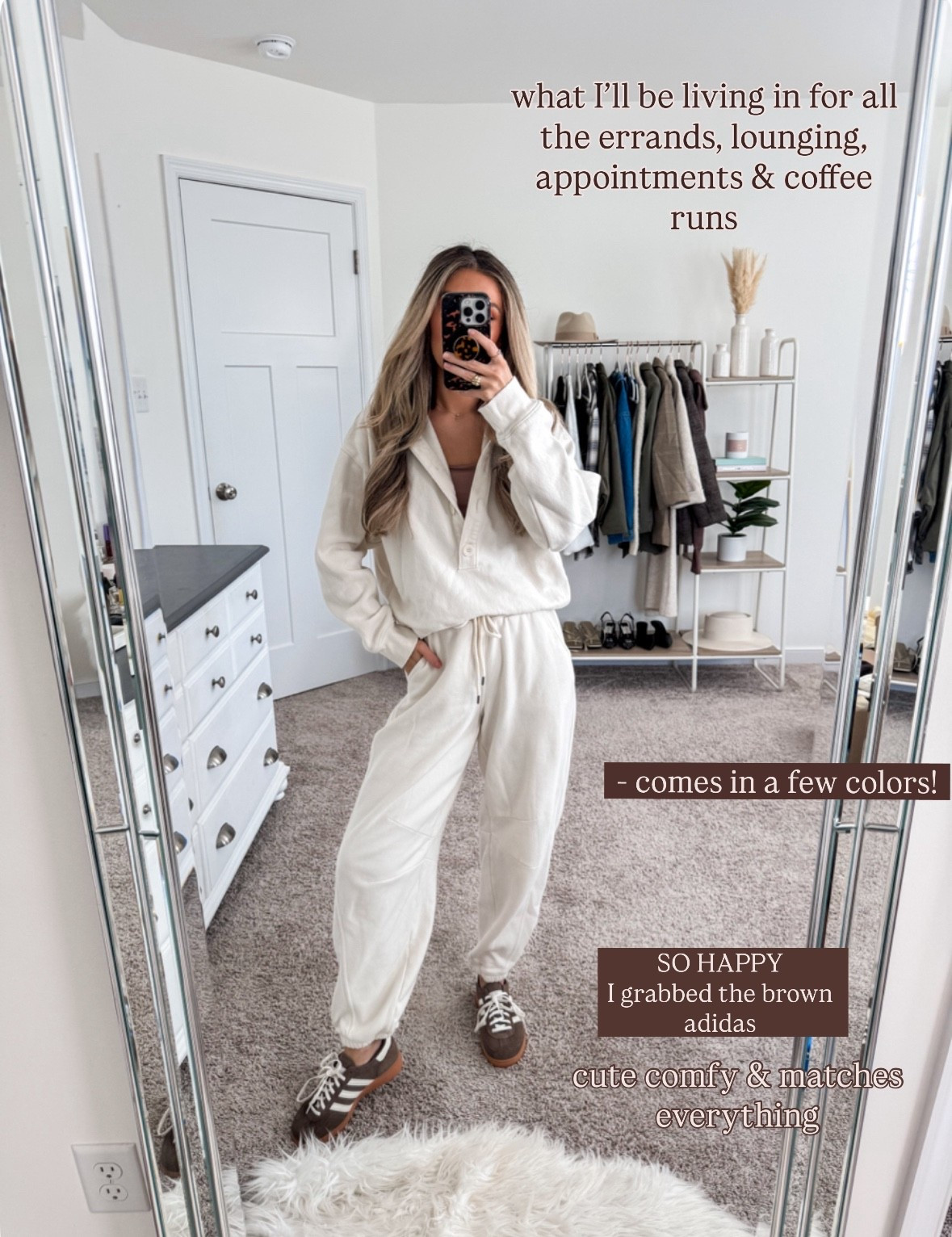 Cozy casual matching set for fall 
+ white pullover: small
+ white joggers: xs
+ brown adidas spezials: run big size down! I’m usually a 6.5 and wearing a 5.5

Matching set
Sweat set
Fall outfit 
Sneakers outfit 
Loungewear outfit 

#LTKFindsUnder100 #LTKFindsUnder50 #LTKSeasonal