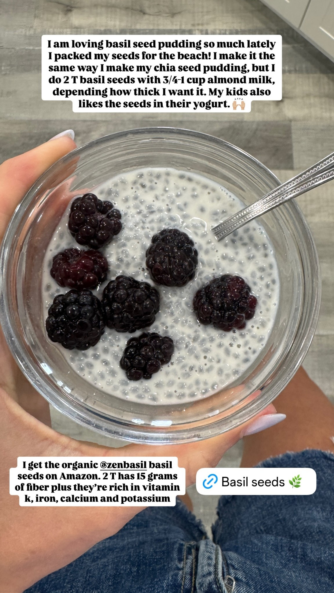 I am loving basil seed pudding so much lately I packed my seeds for the beach! I make it the same way I make my chia seed pudding, but I do 2 T basil seeds with 3/4-1 cup almond milk, depending how thick I want it. My kids also likes the seeds in their yogurt. 🙌🏼 I get the organic @zenbasil basil seeds on Amazon. 2 T has 15 grams of fiber plus they’re rich in vitamin k, iron, calcium and potassium