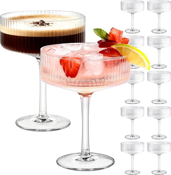 ZOMUIA Ribbed Coupe Glasses Set of 12, 10 oz Plastic Champagne Coupe Unbreakable Acrylic Cocktail... | Amazon (US)