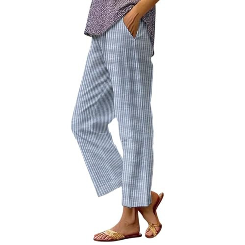 Striped Linen Pants Women Elastic Waist Summer Vacation Beach Boho Pants with Pockets Lightweight Cropped Lounge Straight Leg Pant for Women Linen High Waisted Trousers Pant Spring Outfits 2026 | Amazon (US)