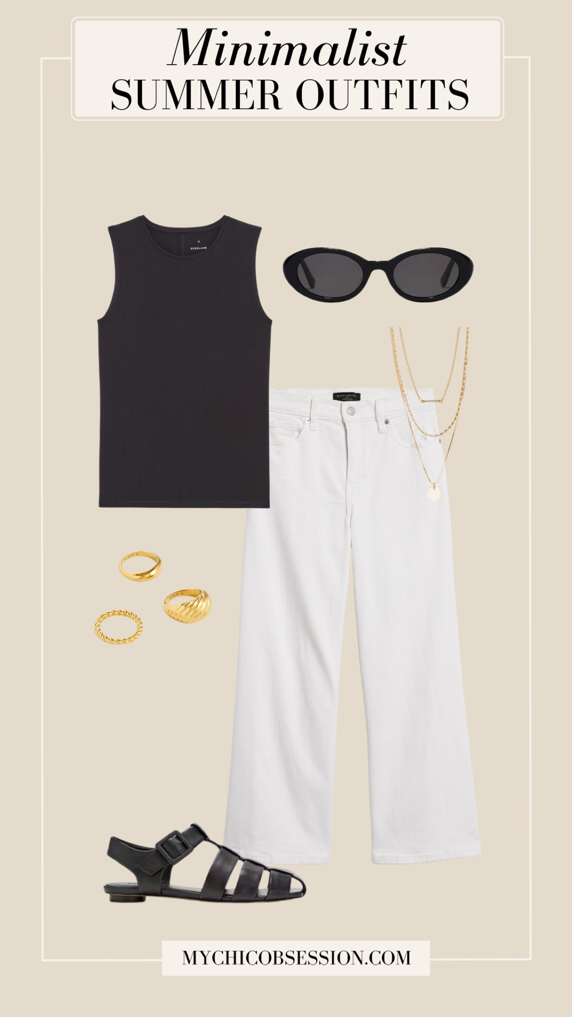 You can never go wrong with a classic black and white look. Start with a pair of cropped white jeans, and a cotton tank, then add oval sunglasses, stacked necklaces, gold rings, and fisherman sandals.

#LTKSeasonal #LTKstyletip #LTKshoecrush