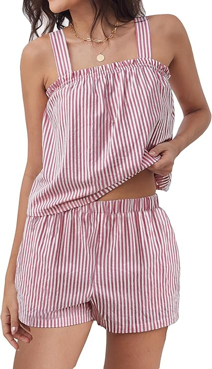 ANRABESS Womens Pajama Sets Striped 2 Piece Pjs Summer Ruffle Cute Tank Top and Shorts Sleepwear ... | Amazon (US)