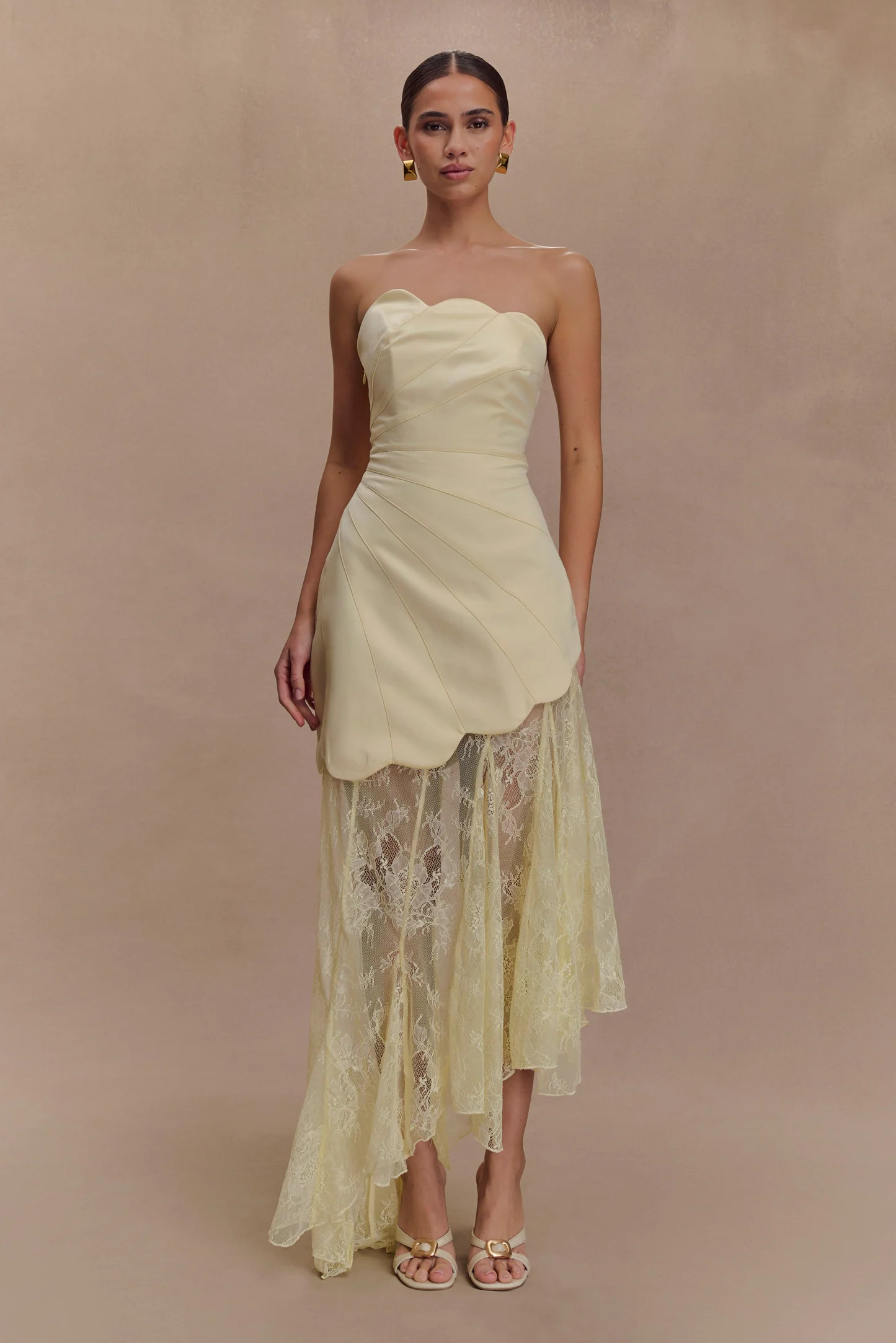 Aleena Satin And Lace Maxi Dress - Lemon | MESHKI US