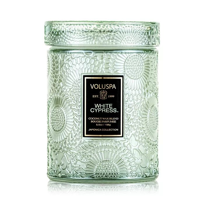 Voluspa White Cypress Mini Tall Embossed Glass Jar Candle with Lid Back to Results - Bloomingdale... | Bloomingdale's (US)