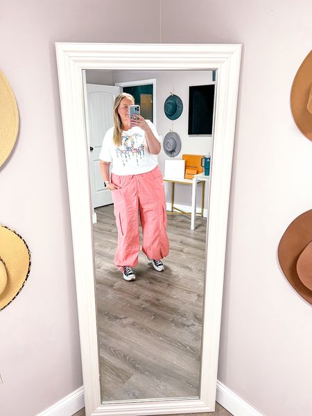 Wide leg parachute pants in this gorgeous coral color for spring 

Styled with a graphic tee and my platform sneakers making the cutest colorful summer look. 

Plus size outfit ideas
Plus size outfit 
Plus size summer outfit 
Plus size ootd
Baggy pants 
Baggy fit 
Casual summer look 

#LTKStyleTip #LTKOver40 #LTKPlusSize
