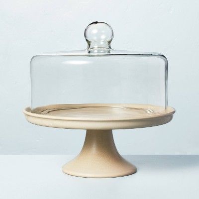 11&#34; Stoneware Dessert Stand with Glass Cloche Taupe - Hearth &#38; Hand&#8482; with Magnolia | Target
