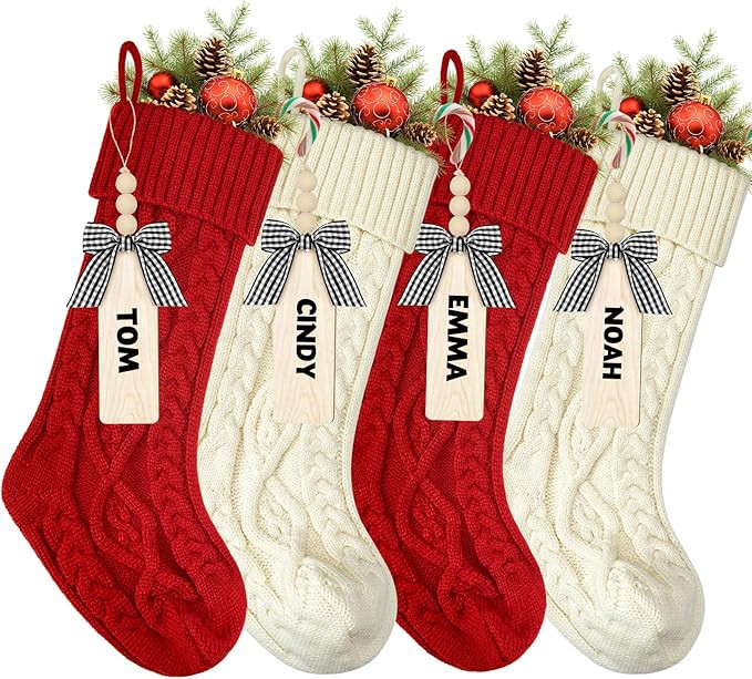 18 Inches Personalized Christmas Stockings: 4 Pack Red Ivory Knit Christmas Stockings Set with Na... | Amazon (US)