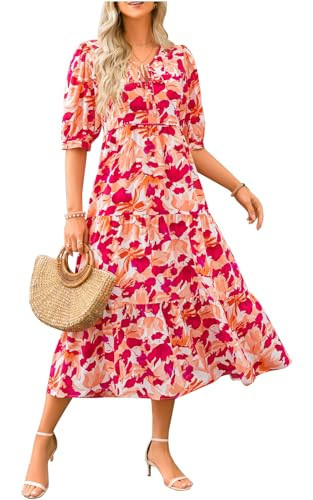 PRETTYGARDEN Summer Dresses for Women 2024 Floral Maxi Dress Half Sleeve V Neck Losse Oversized Tiered Hawaiian Beach Long Sundress (White Red Flower,XXL) | Amazon (US)