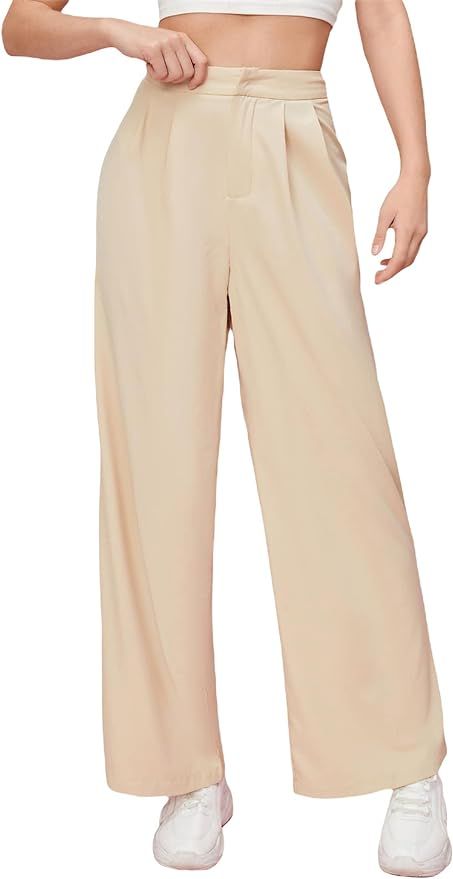 Floerns Women's Casual High Waisted Pleated Wide Leg Palazzo Pants Trousers | Amazon (US)