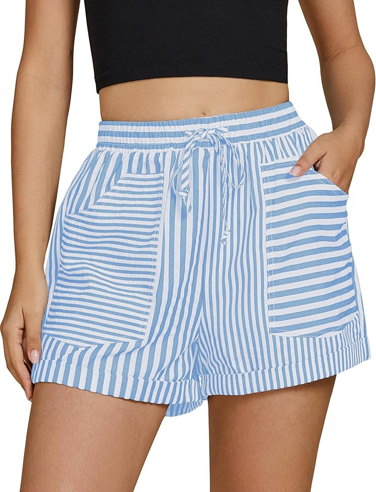 luvamia Striped Shorts for Women High Waisted Trendy Casual Pull On Drawstring Elastic Waist Beac... | Amazon (US)