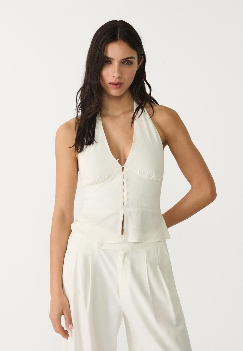 Linen blend halter top with buttons | Stradivarius (UK)