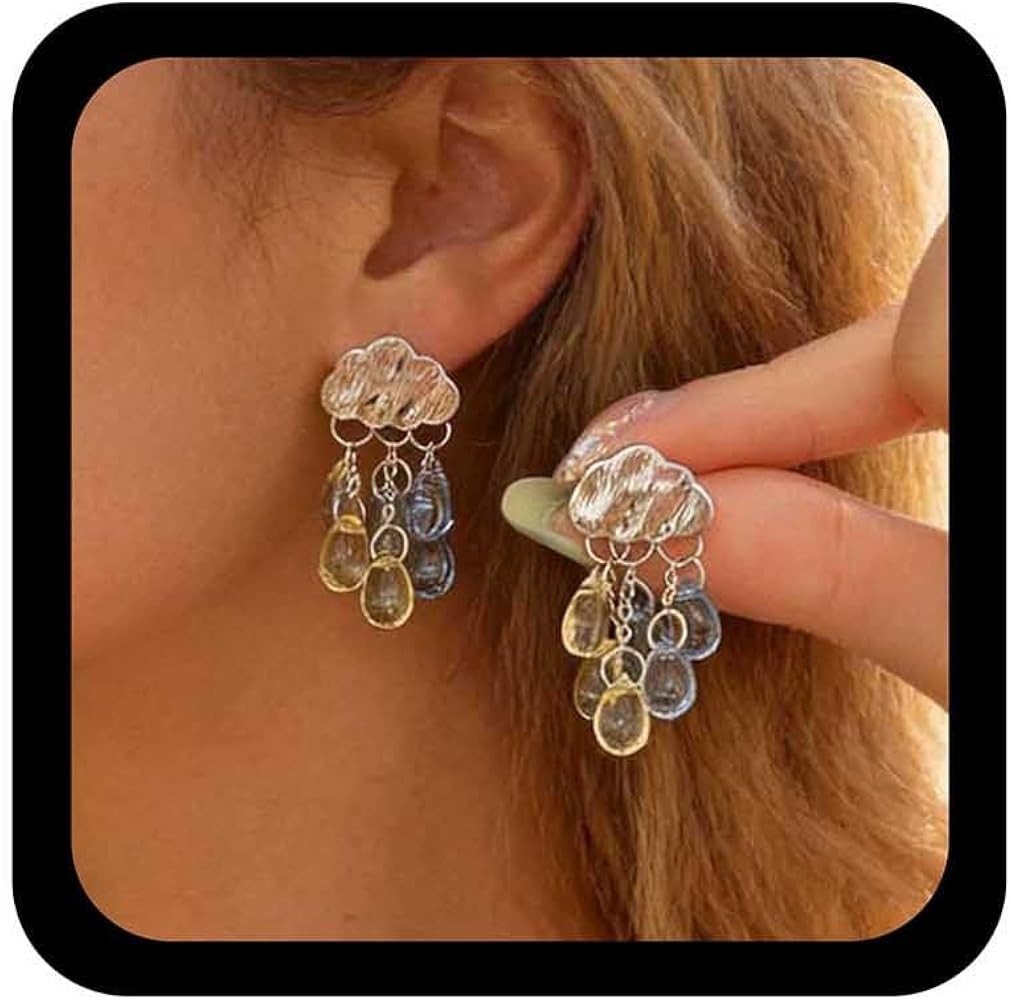 Boho Rain Cloud Earrings Silver Cloud Stud Earring Raindrop Dangle Earrings Resin Droplet Earring... | Amazon (US)