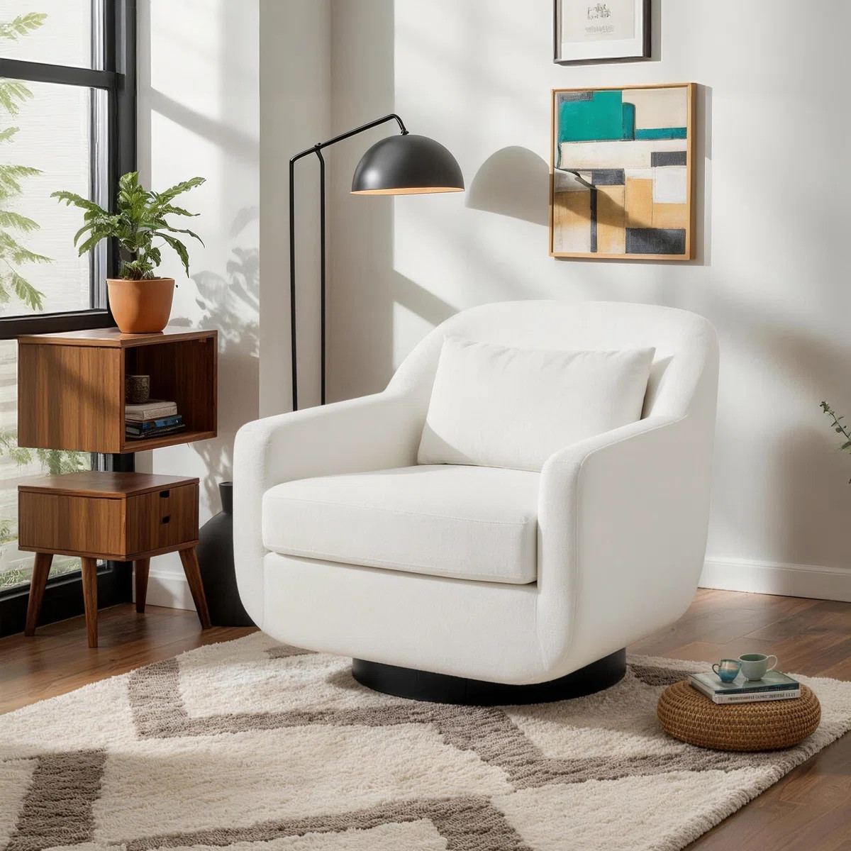 Upholstered Beige Chenille Swivel Oversized Lounge Armchair With Pillow And Metal Base | Wayfair North America