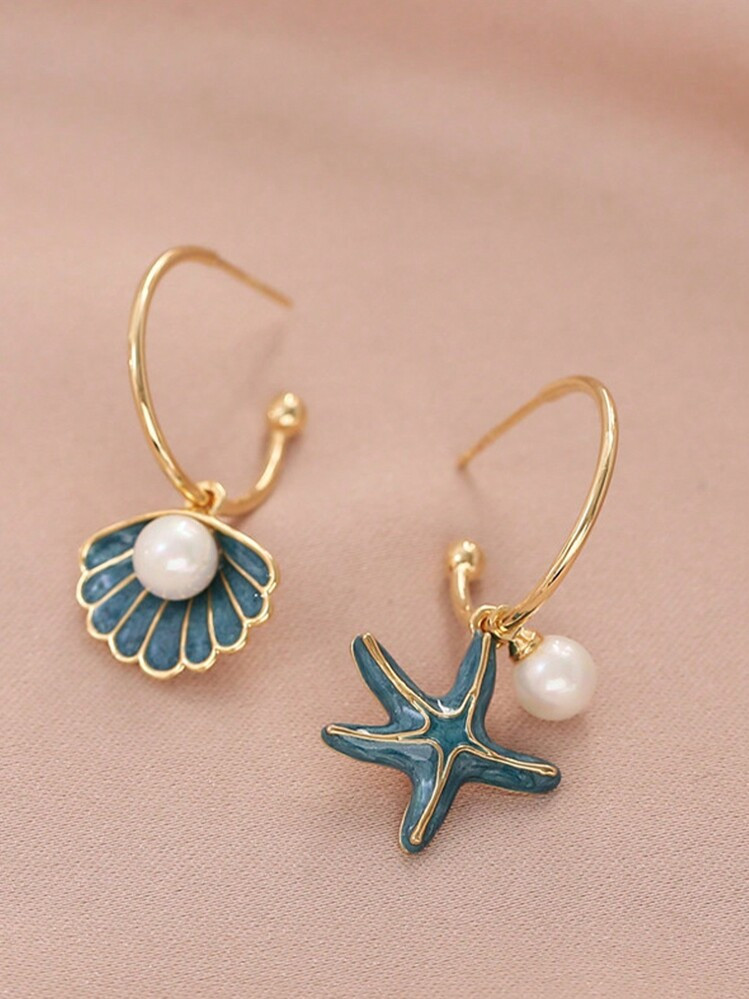 The New Hot Boho Style Pearl Shell Starfish Pendant C-Shaped Earrings | SHEIN