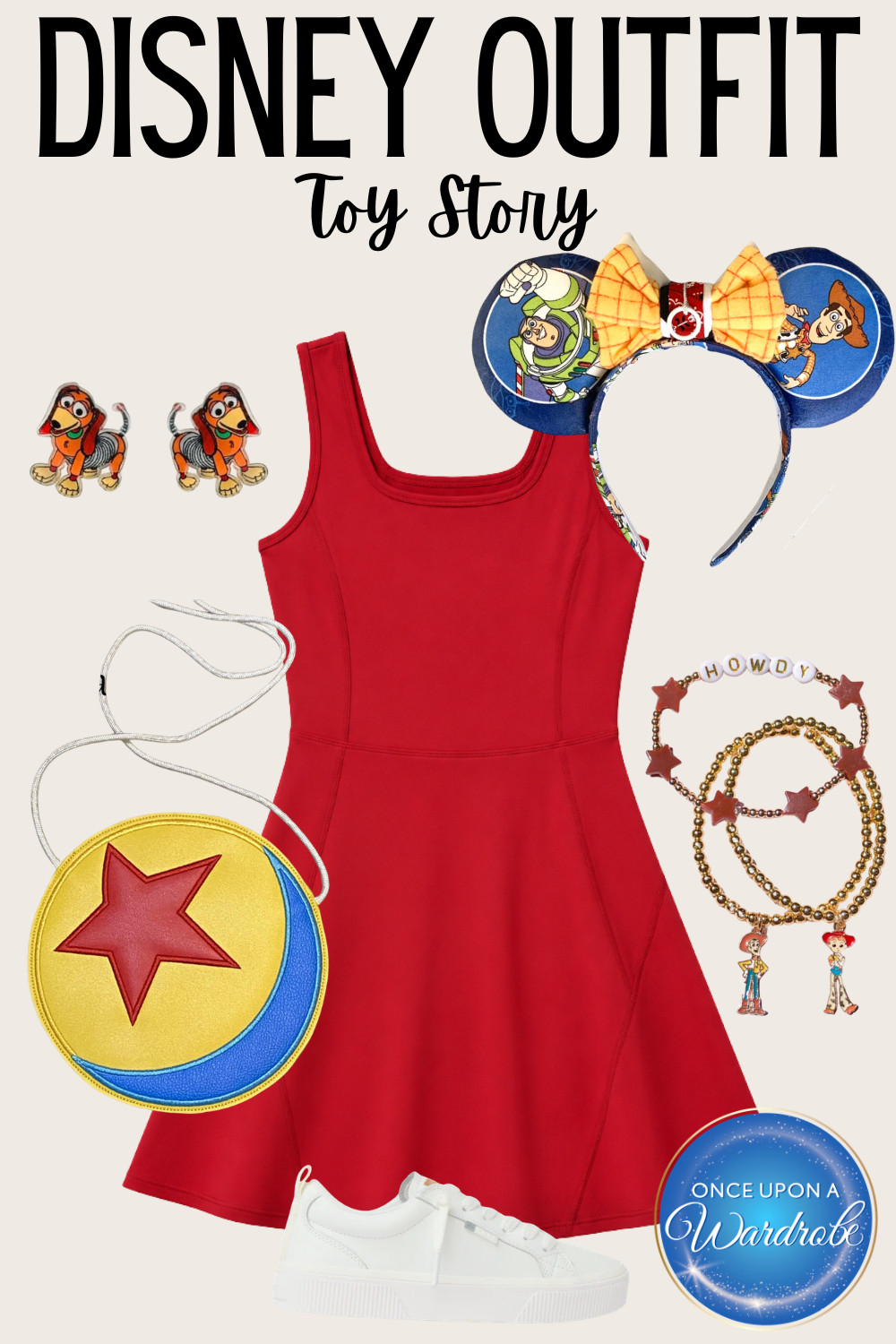 Toy Story Disney outfit featuring a red athletic dress and Pixar inspired accessories. Perfect for Hollywood Studios outfit ideas, Disneybound outfits, Disney World outfits, Pixar outfit inspiration, and Disney vacation outfit ideas for women. 

 #LTKootd #LTKmomlife #LTKTravel