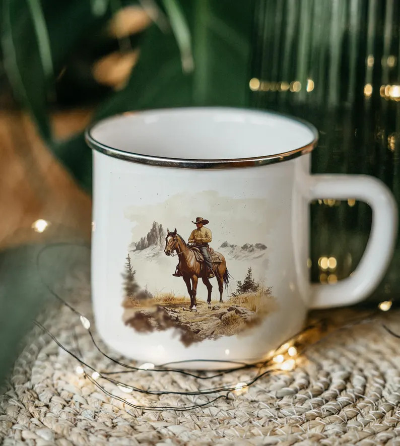 Vintage Cowboy Horse Enamel Mug – Western Tin Camping Cup With Rustic Rodeo Art, Retro Wild Wes... | Etsy (US)