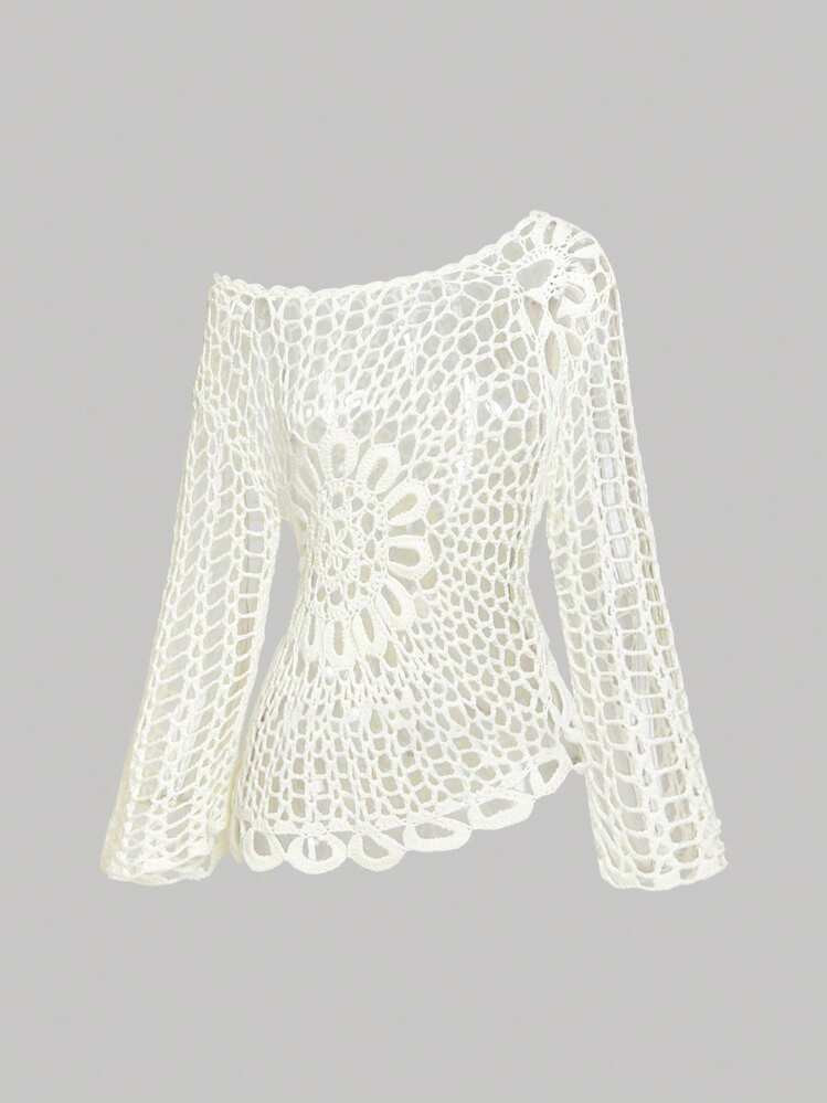 SHEIN MOD Women's White Crochet Beach Cover Up | SHEIN