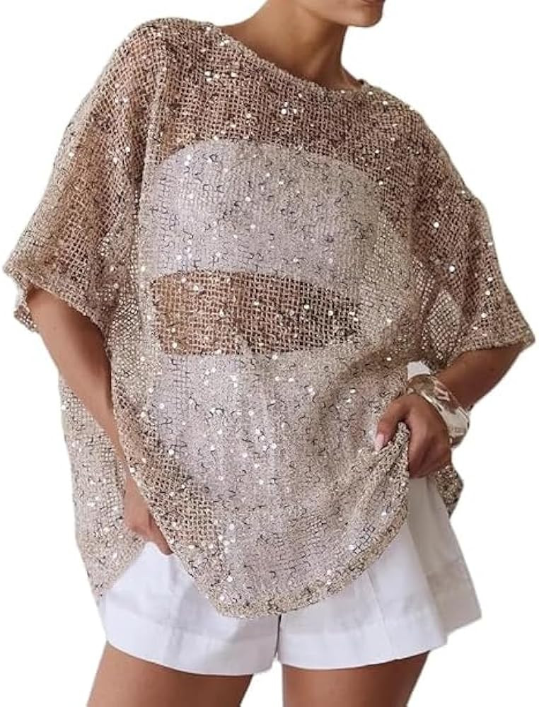 Women Oversized Sequin Knit T-Shirt Semi Sheer Short Sleeve Glitter Tee Top Y2K Sparkly Crochet C... | Amazon (US)