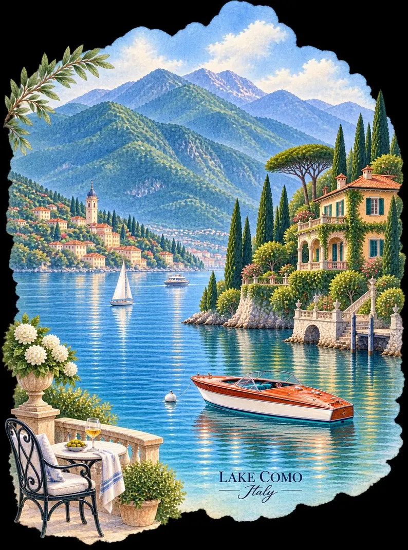 Lake Como Italy Watercolor PNG | Italian Travel Clipart | Lake Como Sublimation Design | Italy Va... | Etsy (Global)