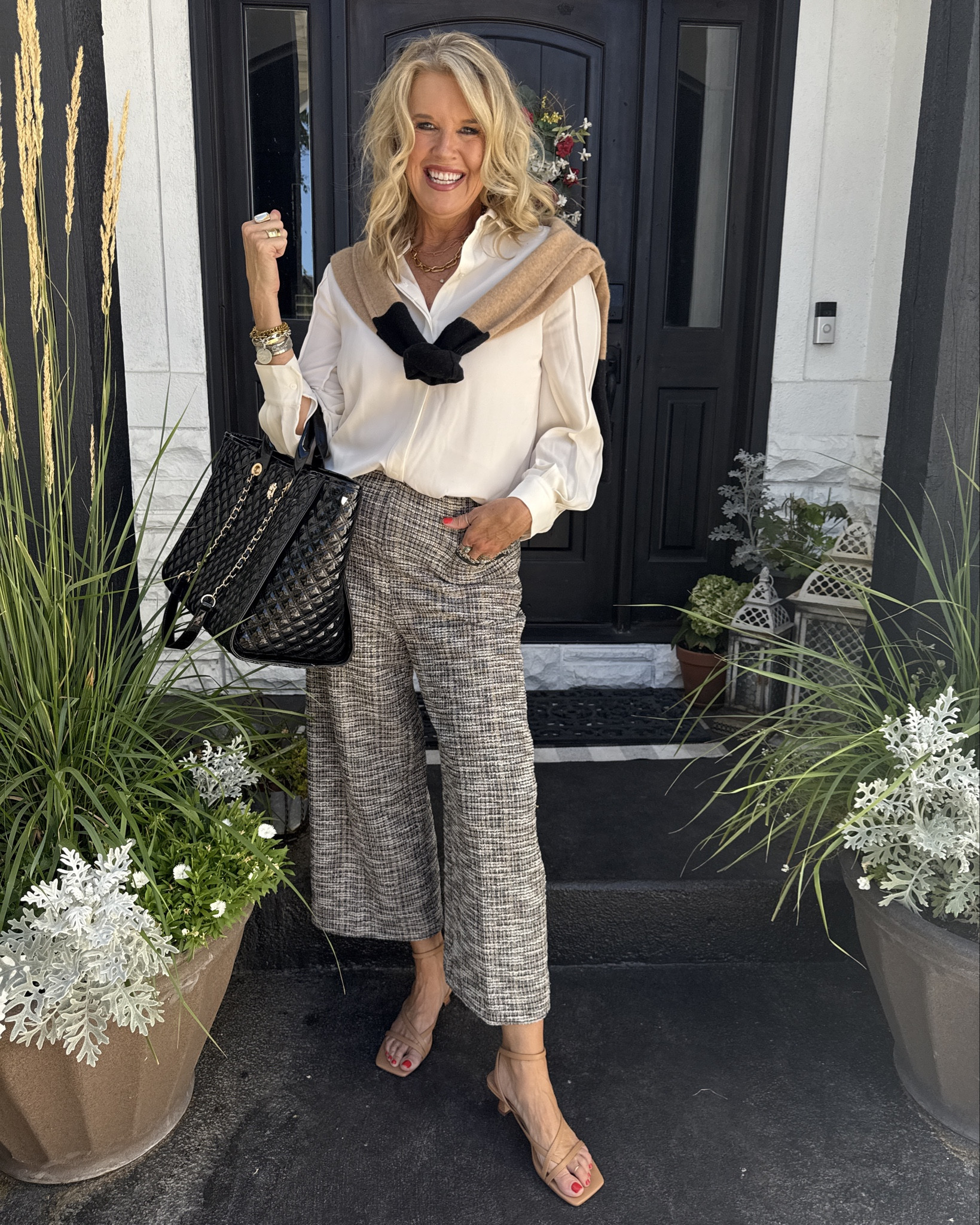 Summer to Fall Work wear /teacher outfit✔️🍎📚

Lysse’  new arrivals for early fall.
That make great wardrobe builders perfect for mixing and matching with items you already own.

These beautiful wide leg tweed crop pant with built in tummy support panel. 
Beautiful and fit tts. 

Cereal pleated sleeve details silk button up top tts 

I already owned this cashmere sweater that I through over my shoulders (old from Chicos) linked similar 

Amazon find darling nude kitten heel strap sandal (you’ll wear these on repeat, so comfortable) 

Quilted black paten leather tote/bag with gold chain accent by Caroline Hill makes a great work or travel tote 

Gold Amazon find designer inspired earrings 



#LTKWorkwear #LTKOver40 #LTKStyleTip