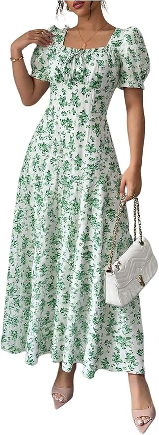 Floerns Women's Floral Short Puff Sleeve Milkmaid Dress Boho A Line Long Dresses | Amazon (US)