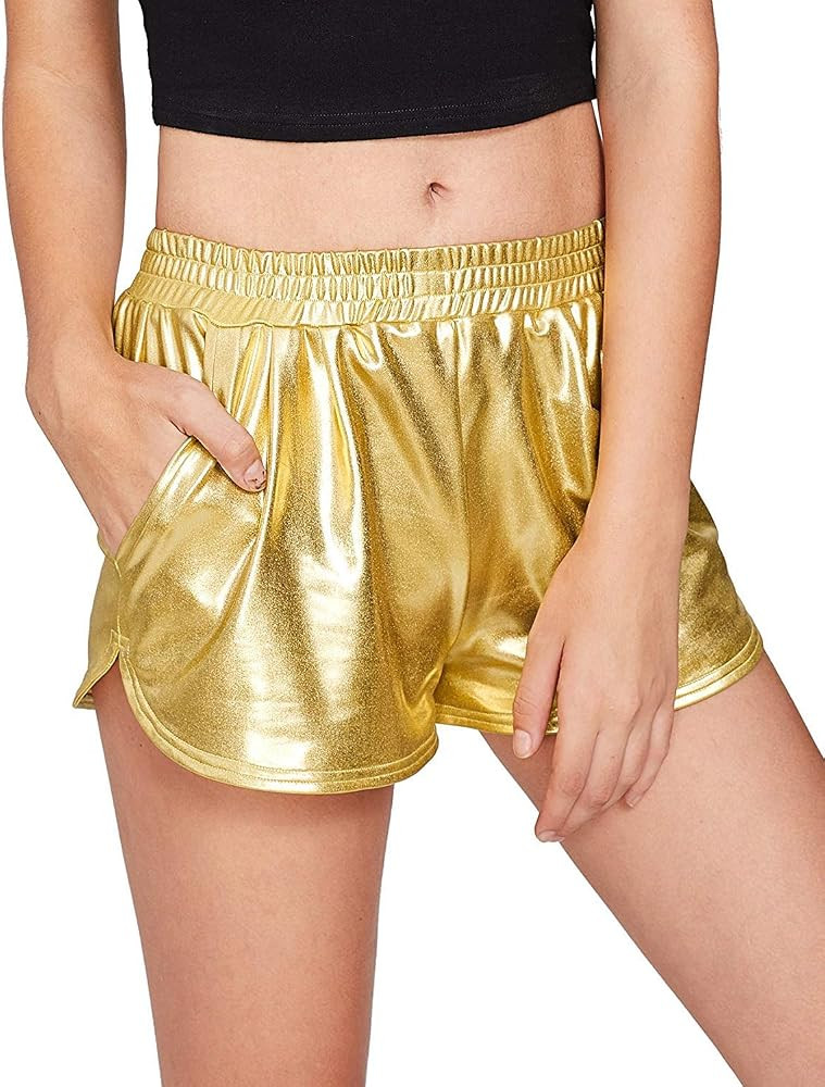 Women's Metallic Shorts Shiny Pants Yoga Sparkly Hot Drawstring Outfit Elastic Waist Rave Booty Danc | Amazon (US)