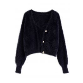 Fuzzy Cami Top and Pearly Buttoned Cardigan Set in Black | Chicwish