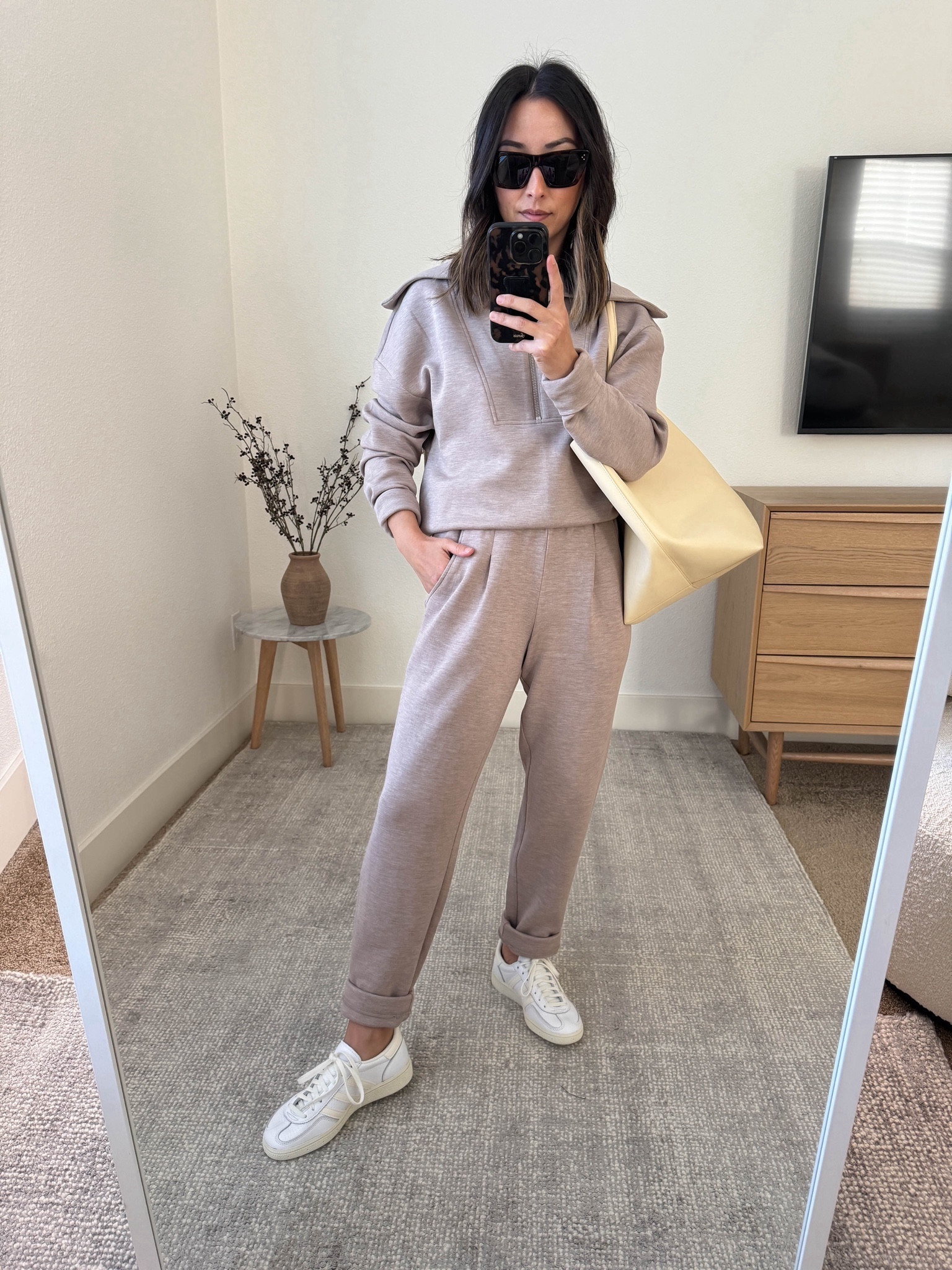 Varley outfits. School drop-off outfits. Varley Yates sweatshirt. I find this style to run small, so I sized up. Also wearing the new cuff pants in 25”. I do have to roll them one more time. 

Varley sweatshirt small
Varley pants xs
Mansur Gavriel tote. Color is old. 
Celine sunglasses
Adidas Spezial sneakers 4 men’s  

#LTKshoecrush #LTKfitness #LTKitbag