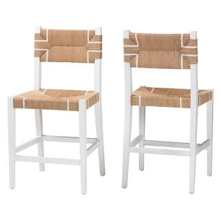 Talli 25 in. White Wood Counter Stool with Woven Seat (Set of 2) | The Home Depot