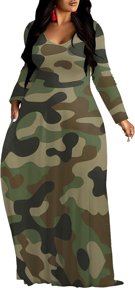 Plus Size Maxi Long Sleeve Dress Church Outfits for Women Printed Loose Cute Dress with Pockets | Amazon (US)