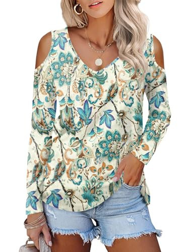 Amoretu Women Long Sleeve Cold Shoulder Tops Fashion Fall Shirts, Flower Printed S | Amazon (US)