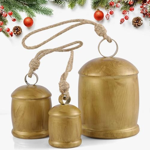 3 Pcs Harmony Cow Bells Vintage Christmas Gold Bells, Decorative Large Rustic Hanging Bell Orname... | Amazon (US)