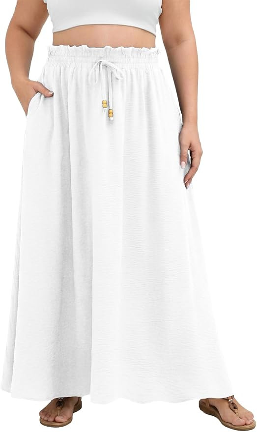 Women's Plus Size Maxi Skirts Summer Beach Swing Pleated Elastic Waisted A-line Long Skirt with P... | Amazon (US)