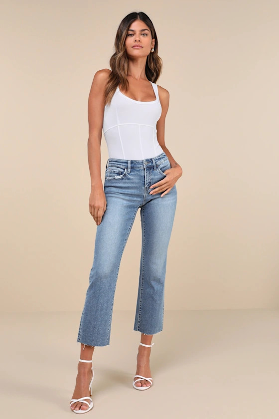 Melissa Light Wash Mid-Rise Straight Leg Raw Hem Jeans | Lulus