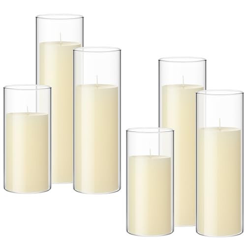 Shihanee Set of 6 Pillar Candles with Glass Cylinder Vases Clear Cylinder Hurricane Candleholders for Slim Tall Pillar Candles Wedding Table Centerpieces(3.4'' X 7", 9.8", 11.8",Ivory) | Amazon (US)