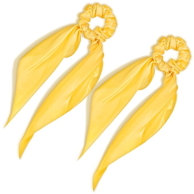 2 PCS Yellow Scrunchie Bow Knotted Bow Hairs Scrunchies Elastic Silk Scarf Hairs Ties Bands Satin... | Amazon (US)