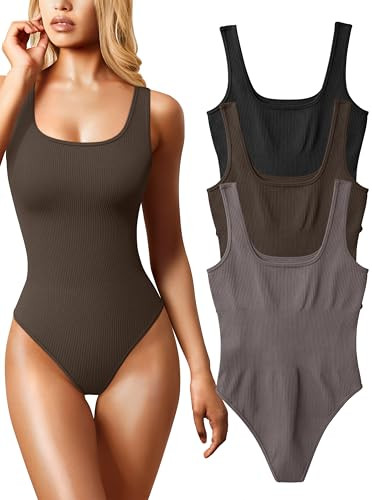 OQQ Women's 3 Piece Bodysuits Sexy Ribbed Sleeveless Square Neck Sleeveless Tank Tops Bodysuits Black Darkbrown Tea leaf | Amazon (US)
