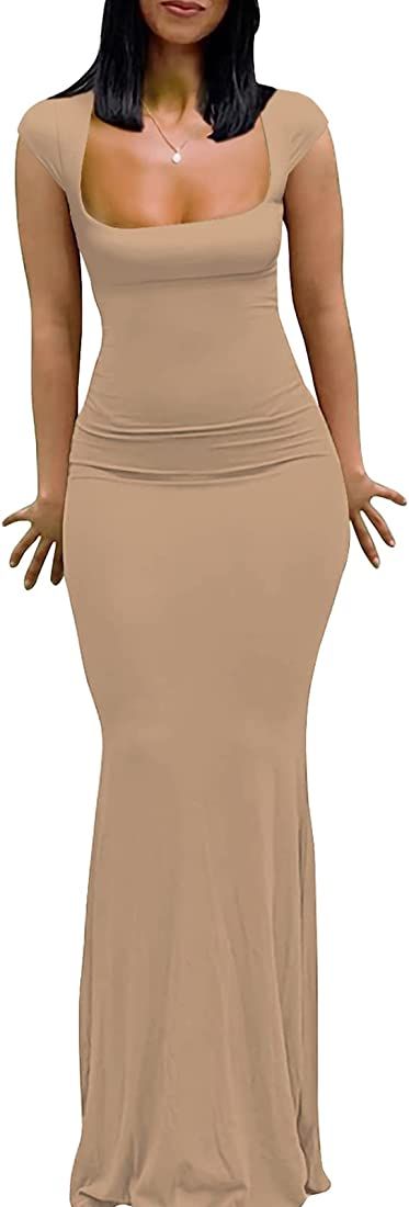 Womens Summer Cap Sleeve Square Neck Elegant Casual Lounge Bodycon Slim Maxi Evening Party Long Dres | Amazon (US)