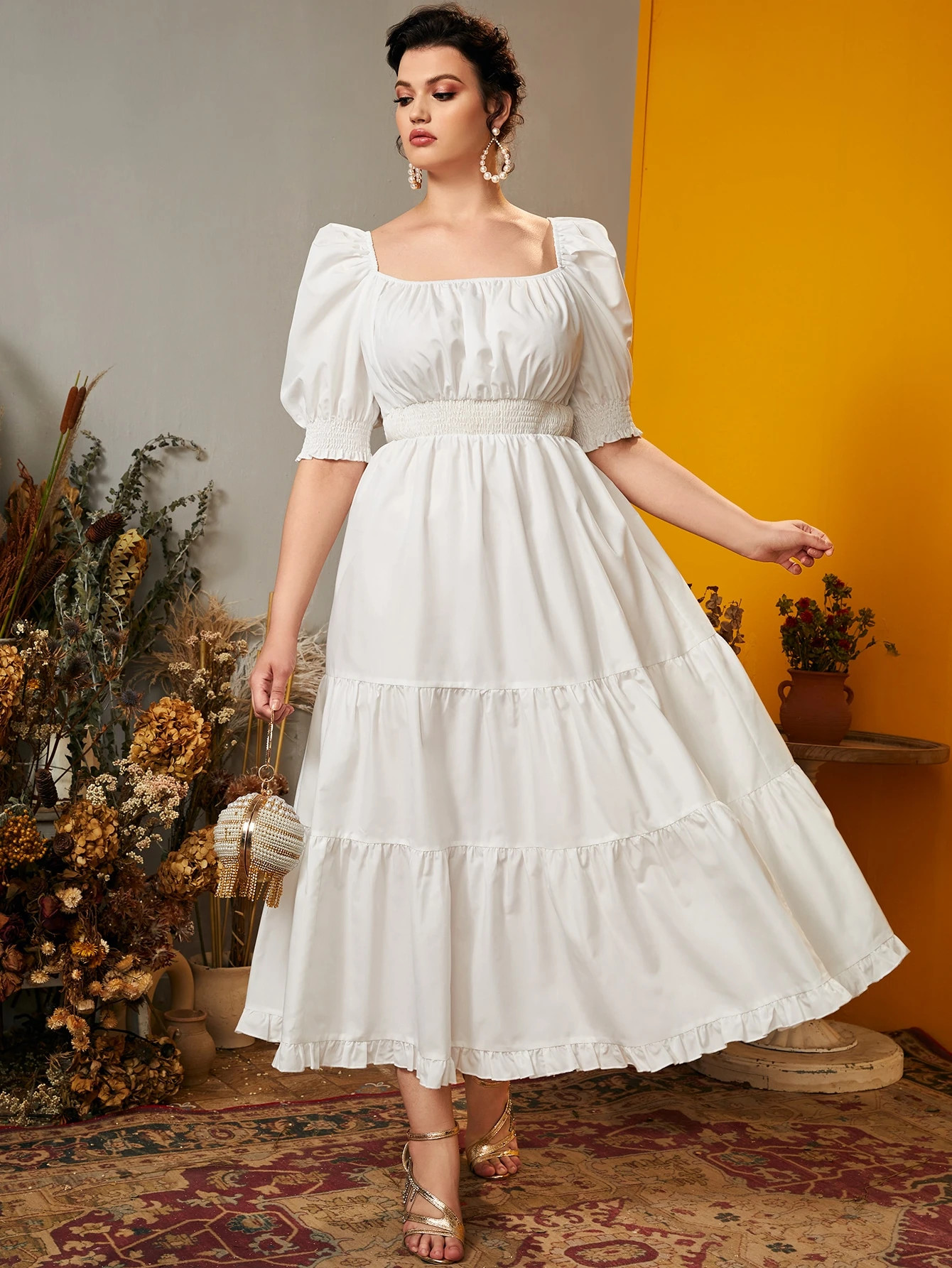 SHEIN Plus Shirred Puff Sleeve Ruffle Hem A-line Dress | SHEIN