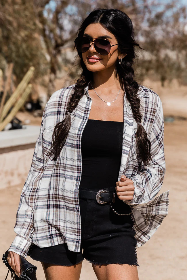 Check Yes Or No Beige and Black Plaid Button Front Blouse | Pink Lily